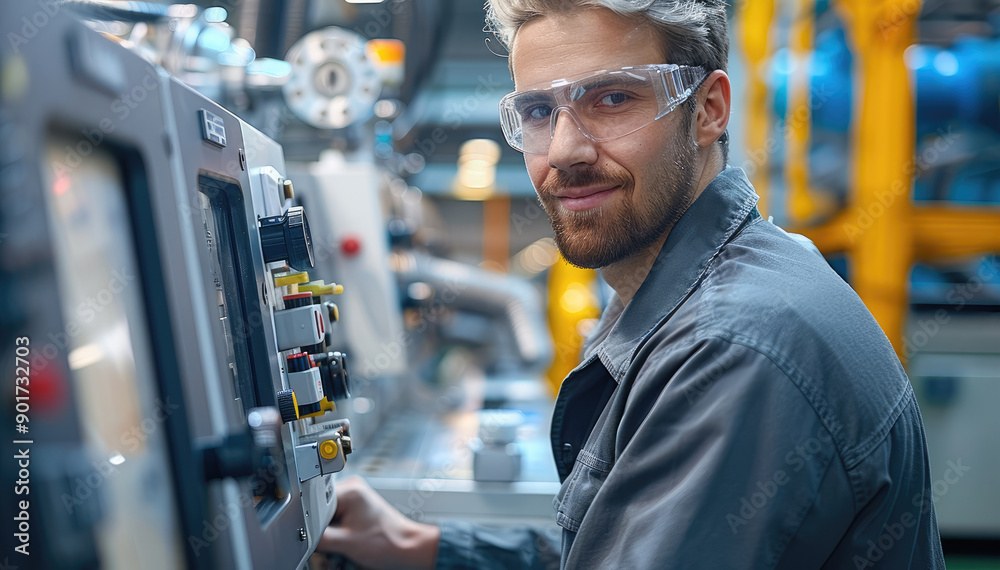 Poster engineer operating the machines, in modern industrial workspace with state-of-the-art machinery and 