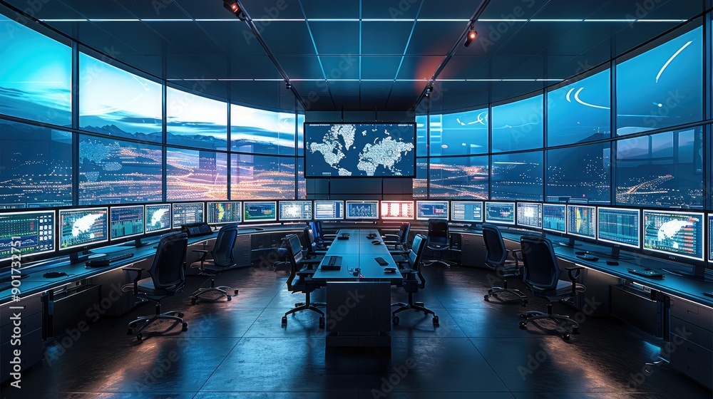 Poster Modern control tower with many screens. Generative AI.