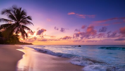 Beautiful sunset wtropical summer beach. panoramic tropical seascape horizon. white sand and blue sea waves, nature background, vacation in paradise concept for tourism, vivid colorful.