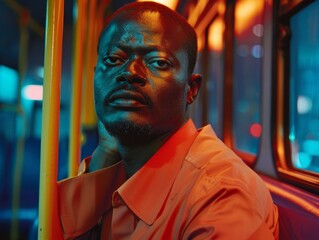 Medium shot of Bus driver man, themed background, bright tonality, in the style of fashion photography.