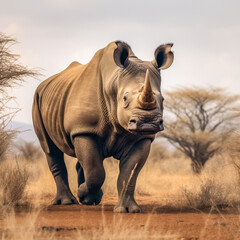 Fototapeta premium Prächtiges Nashorn, Rhinozeros (Rhinocerotidae) in freier Natur, Generative AI