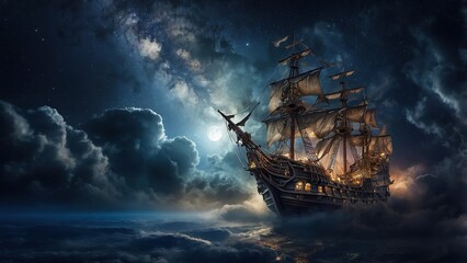 Obraz premium An Enchanted Sailing Ship Gliding Through Mystical Clouds Under a Starry Sky at Night