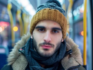 Medium shot of Bus driver man, themed background, bright tonality, in the style of fashion photography.