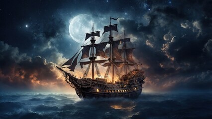 Fototapeta premium An Enchanted Sailing Ship Gliding Through Mystical Clouds Under a Starry Sky at Night
