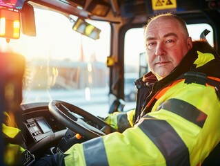 Medium shot of Bus driver man, themed background, bright tonality, in the style of fashion photography.