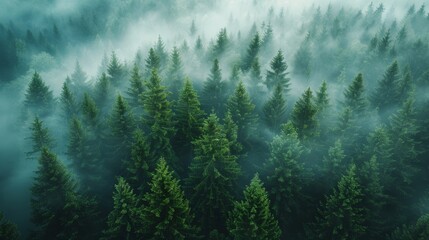 Fototapeta premium Misty Morning Forest Landscape With Evergreen Trees in Early Dawn Light. Generative AI