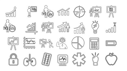 Man Character Speak with Graph chart set Board line Animation. business growth icon set animation