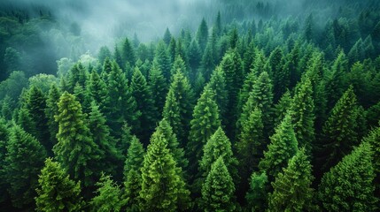 Lush Green Pine Forest Blanketed by Morning Fog in Early Autumn. Generative AI