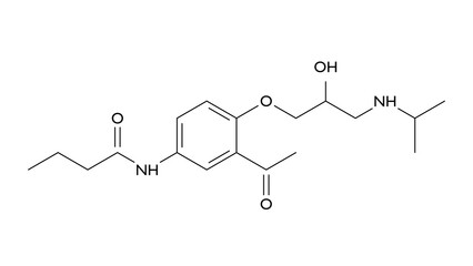 acebutolol molecule, structural chemical formula, ball-and-stick model, isolated image sectral