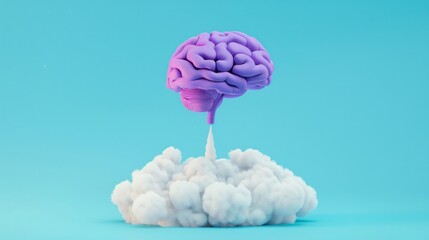 3D purple brain taking off and white cloud symbolizing business startup and innovation, creative idea, business growth