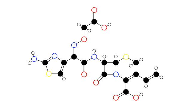 cefixime molecule, structural chemical formula, ball-and-stick model, isolated image antibiotic