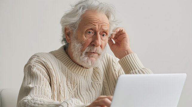 Elderly man confused by a laptop, struggling with technology due to age.