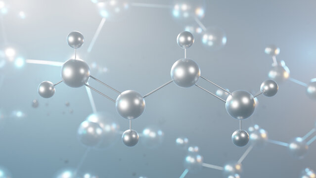 butadiene molecular structure, 3d model molecule, divinyl, structural chemical formula view from a microscope