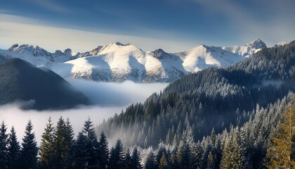 Obraz premium Majestic mountain range with snow-capped peaks and trees, enveloped in a thick mist.