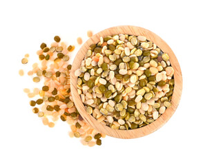 Heap of Dry lentils seeds or vegan protein source isolated on white background top view.