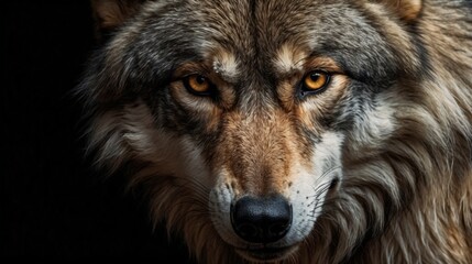 Fototapeta premium Wild Wolf Close-Up looking camera on Plain Black Background
