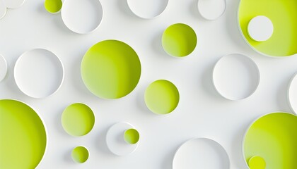 An artistic display of white and bright green circles on a clean, minimalist white background, creating a striking visual.