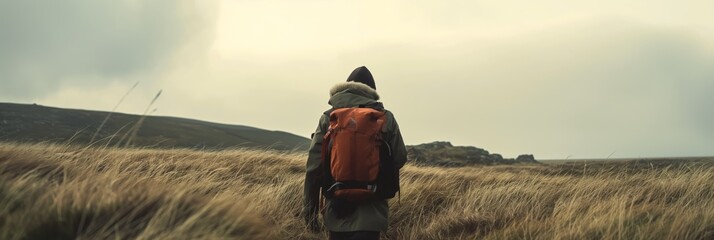 A person wearing an orange backpack is hiking through a windy grassland, showcasing the wilderness and adventure spirit.