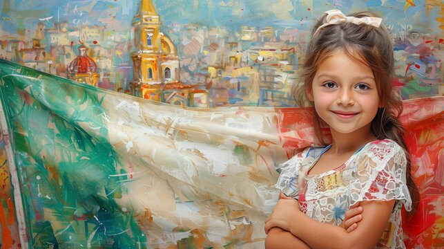 Closeup watercolor portrait of a happy Italian girl wearing light summer dress with flag of ltaly behind. 