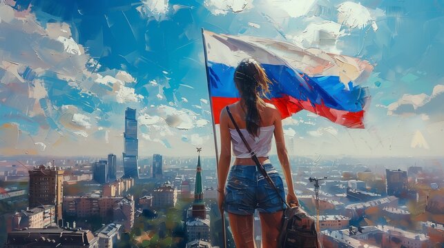 Young woman wearing geans shorts holds Russian flag on her hand watching at skyscrapers of big city.