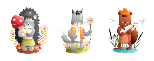 Chidren cute animal set. A hedgehog, a cat, and a bear are depicted in a vibrant forest setting.