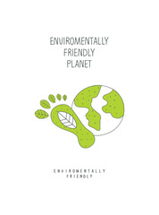 Vector cartoon sketch of earth and green footprint as a planet conservation sign. Illustration of environmentally friendly planet.Green energy concept.