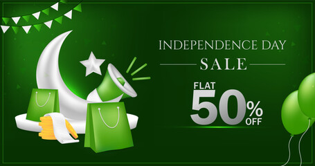 Pakistan Independence Day Sale vector Design for flat 50% Off.