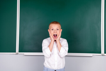 Photo of charming cute pretty boy secondary school standing in class room near blackboard with empty space