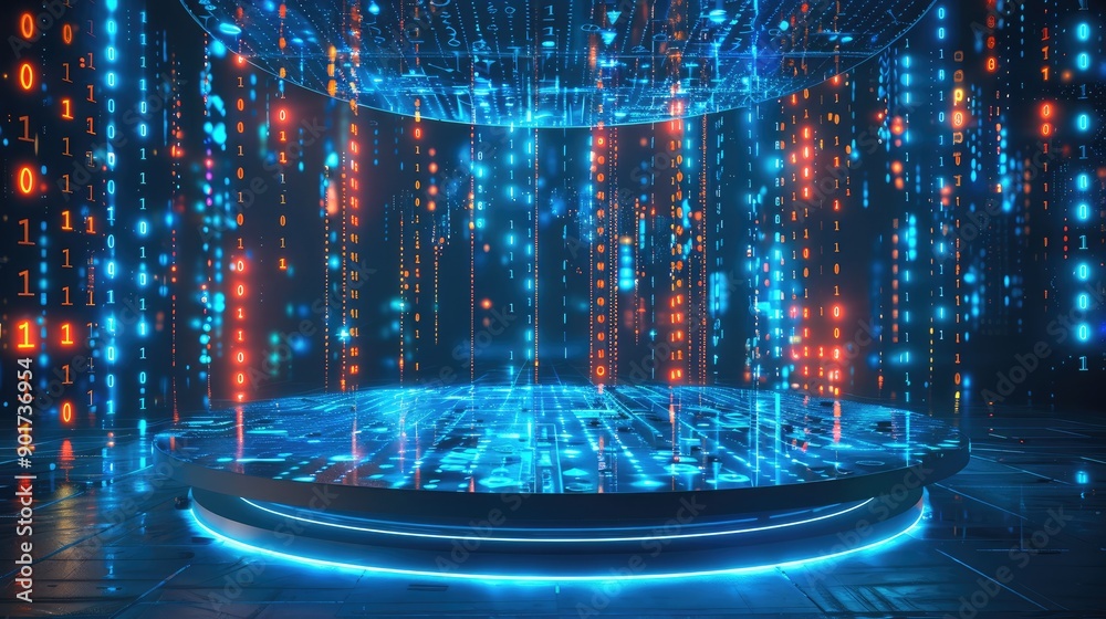 Leinwandbilder 3D rendering of empty podium with blue light in a digital city background. Big data technology and artificial intelligence concept, large round stage with binary code. Generative AI.