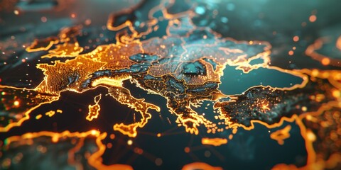 Close-up view of a map of Europe showing detailed geography and borders