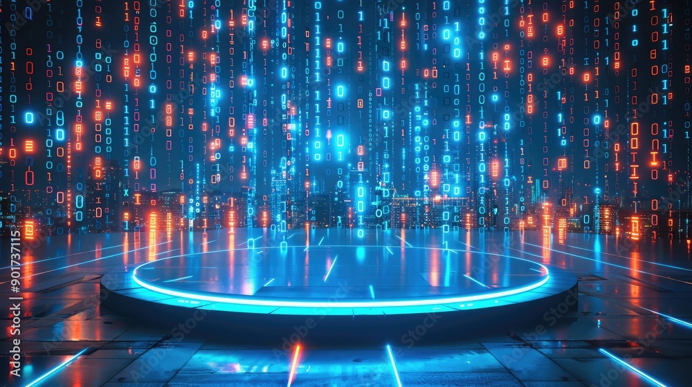 Aufkleber 3D rendering of empty podium with blue light in a digital city background. Big data technology and artificial intelligence concept, large round stage with binary code. Generative AI.
