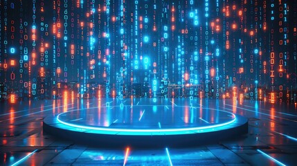 3D rendering of empty podium with blue light in a digital city background. Big data technology and artificial intelligence concept, large round stage with binary code. Generative AI.