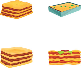 Homemade lasagna icons set cartoon vector. Tasty meat dish. Italian cuisine