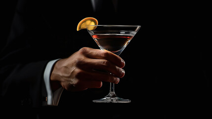 hand hold cocktail, black plain background