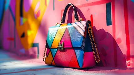 Vibrant Pop Art Handbag with Chain Strap,Clasp Closure,and Graphic Patterns