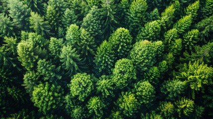 Fototapeta premium Lush Green Forest Canopy Overlooking Vibrant Evergreen Trees in Early Morning Light. Generative AI