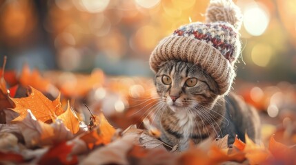 Obraz premium Tabby cat in brown knitted hat lies in autumn leaves
