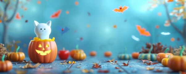 Naklejka premium A cute cat figurine sits in a carved pumpkin surrounded by autumn leaves and pumpkins, creating a festive Halloween atmosphere.