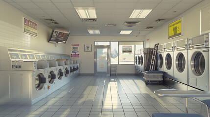 Fototapeta premium Modern laundromat interior with high-tech washing machines, business people dropping off suits