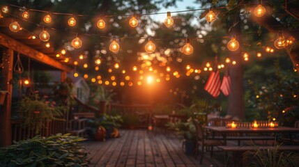 String lights illuminating a backyard deck at sunset, creating a warm and inviting ambiance