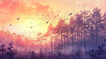 Fototapeta premium Illustrate a peaceful forest scene at dawn where the sound of birds singing is visually represented as delicate, swirling patterns in the air, blending harmoniously with the soft hues of the sunrise