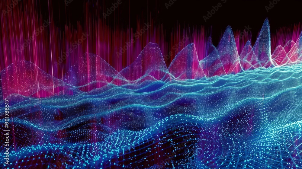 Aufkleber The background has an abstract background of music and a Molecular background with DNA. This is a network of dots and lines. This is a big data visualization. It is a sound wave. A 3D rendering is