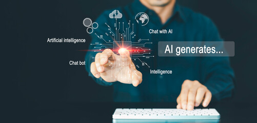 AI generates, Chat with AI, imagine prompt, businessman show virtual graphic Global Internet connect, Artificial Intelligence, using command for generates, Futuristic technology transformation