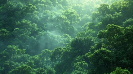 Obraz premium The scene captures the dense, lush green trees shrouded in a mystical layer of fog, creating a serene and tranquil atmosphere. The forest is rich with various shades of green. 