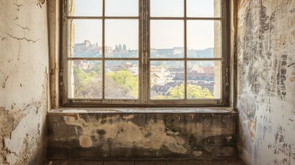 Fototapeta premium Vintage window frame with aerial view background suitable for text or image