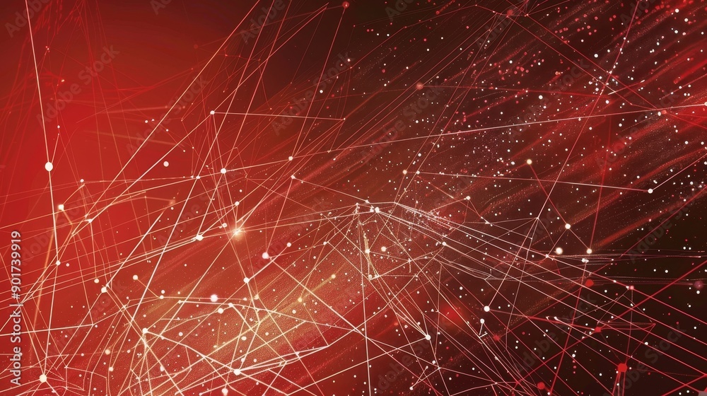 Poster Digital waves, Dynamic network system, Artificial neural connections, Abstract red tech background.