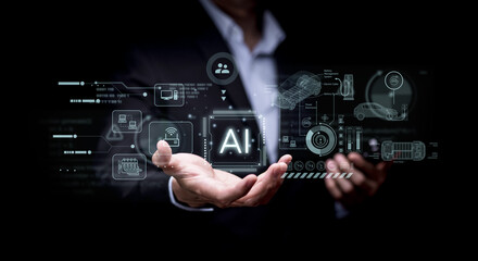 Programmer people working laptops or smartphones with AI, artificial intelligence software engineer coding on laptop computers with technology icons and binary code, big data, Ai bot digital machine