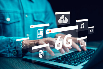 Global network connection 6G on hand business man.Global network connection 6G with icon concept, technology network wireless systems and internet of things, new technologies coming up in the future.