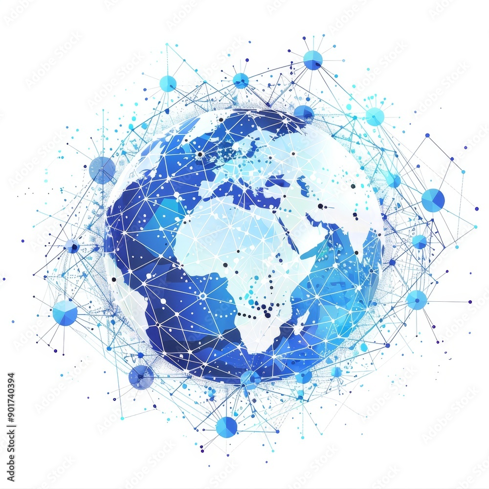 Poster low polygonal world map with abstract digital communications. dots and lines world wide web structur