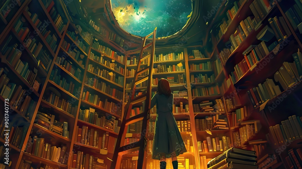 Wall mural illustrations of a person climbing a ladder in a cozy library. book background flat cartoon style. a